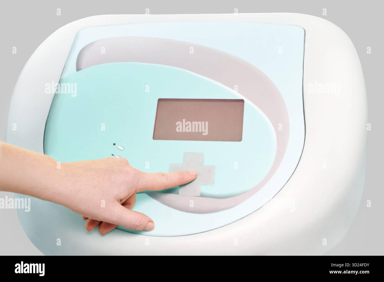 Futuristic medical device interface with human hand pressing touch screen button Stock Photo