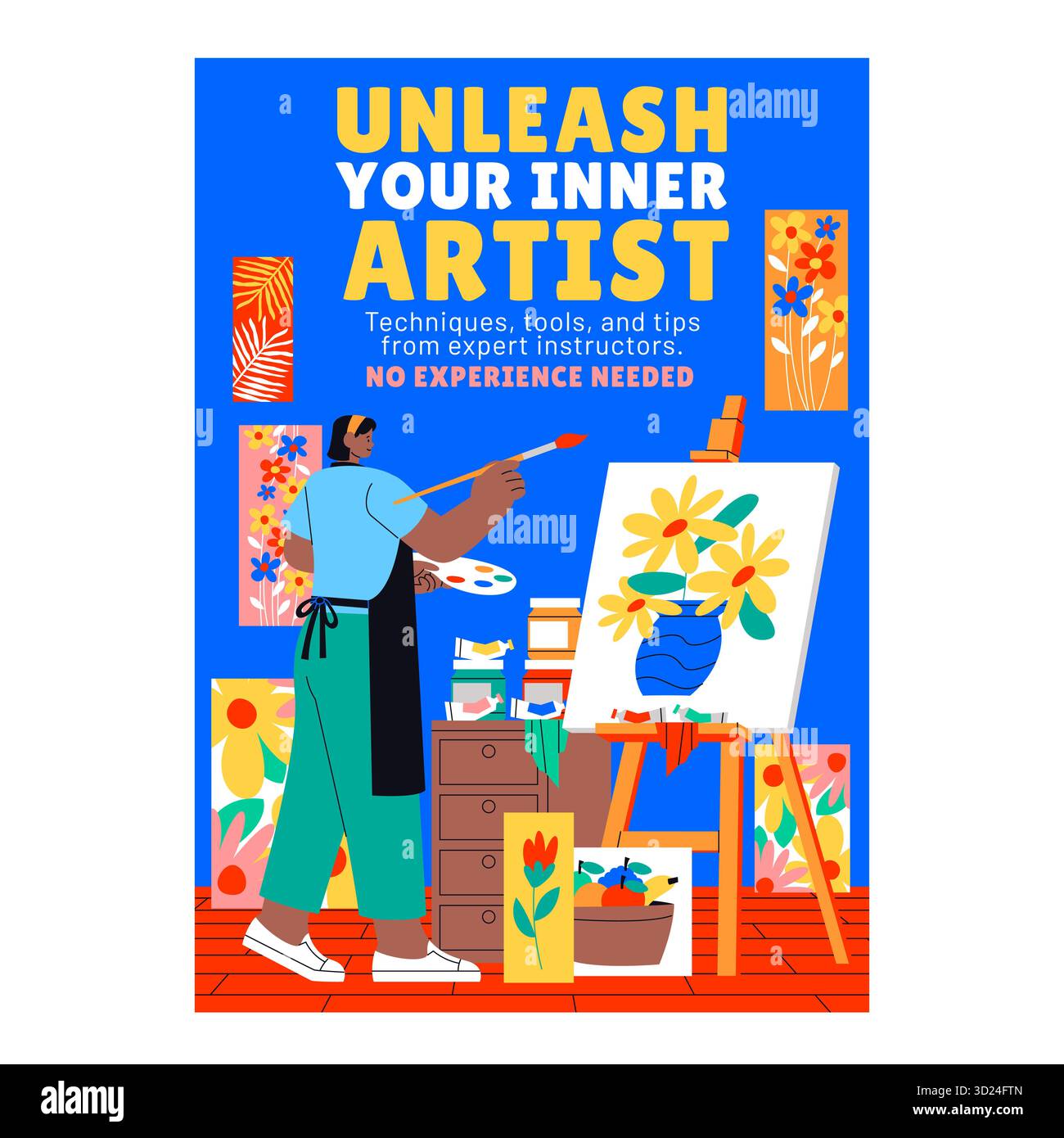 Promotional poster for painting classes with indoor artist scene in ...