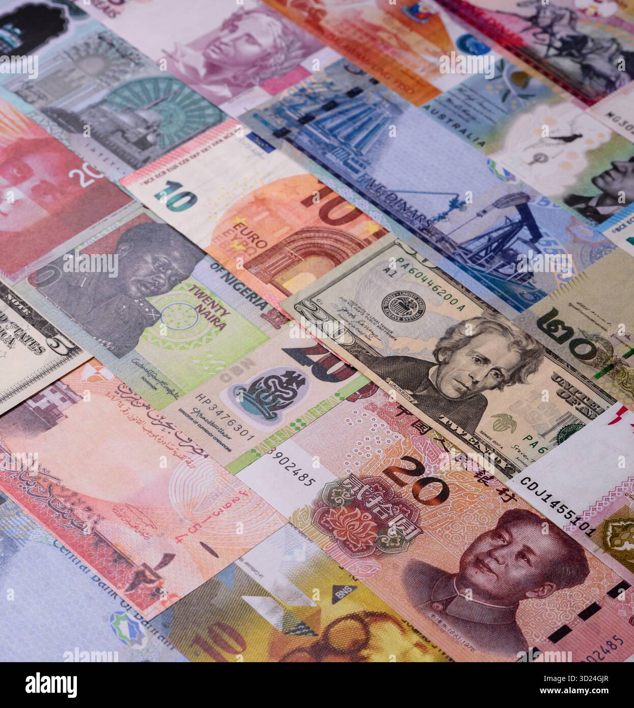 Paper money, banknotes of different countries as a business background. Paper money and cash Stock Photo