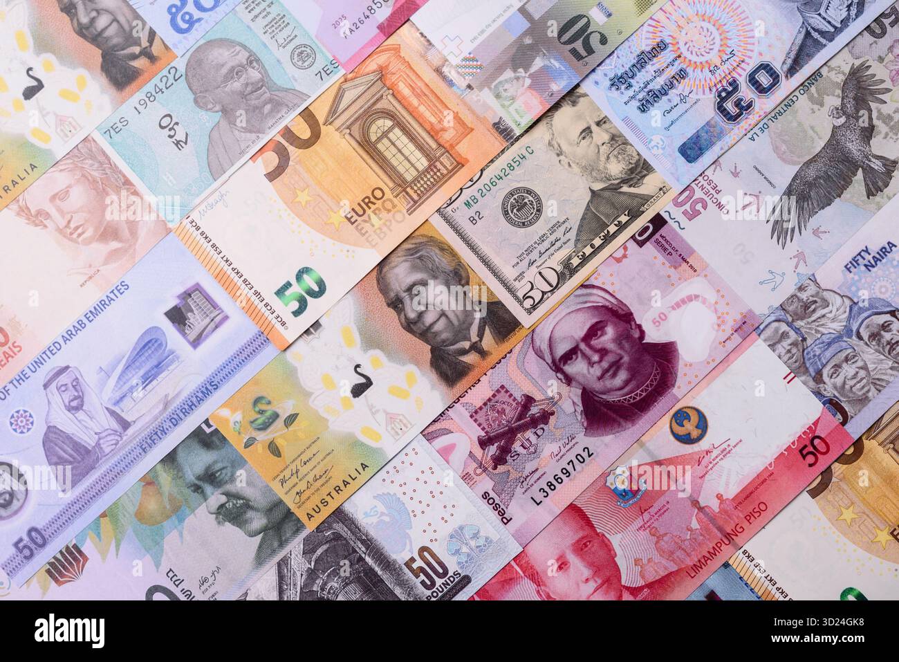 Paper money, banknotes of different countries as a business background. Paper money and cash Stock Photo