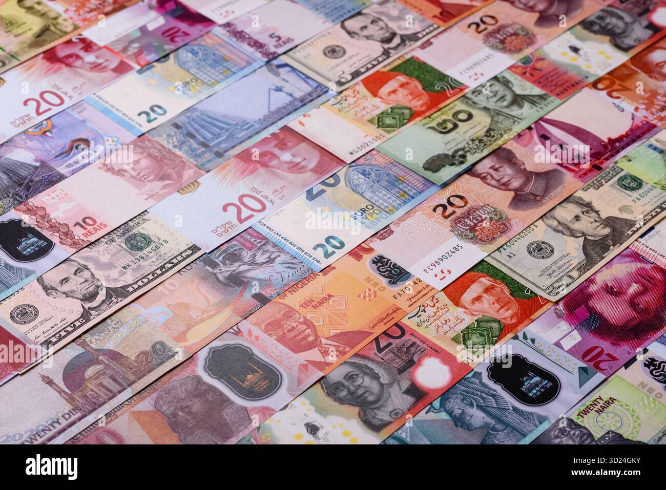 Paper money, banknotes of different countries as a business background. Paper money and cash Stock Photo