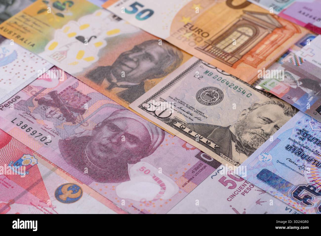 Paper money, banknotes of different countries as a business background. Paper money and cash Stock Photo