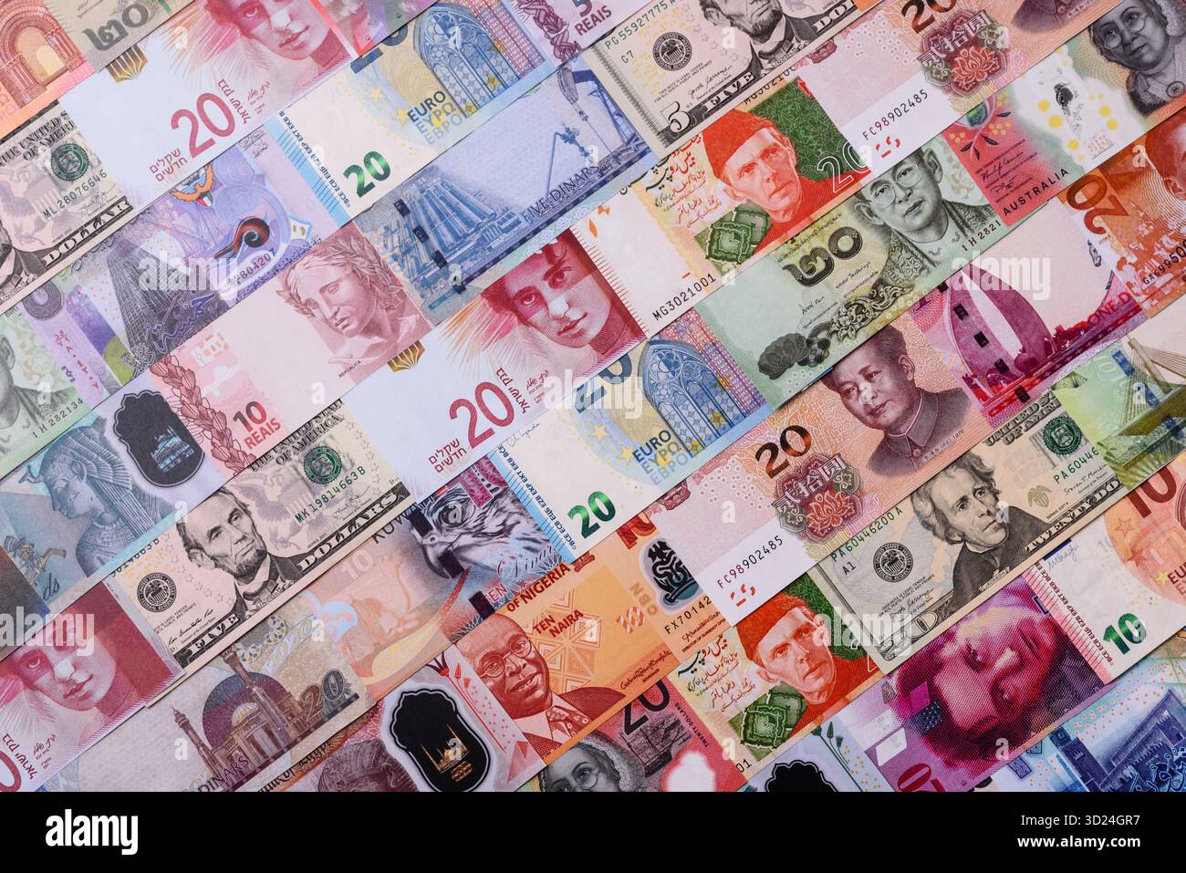 Paper money, banknotes of different countries as a business background. Paper money and cash Stock Photo