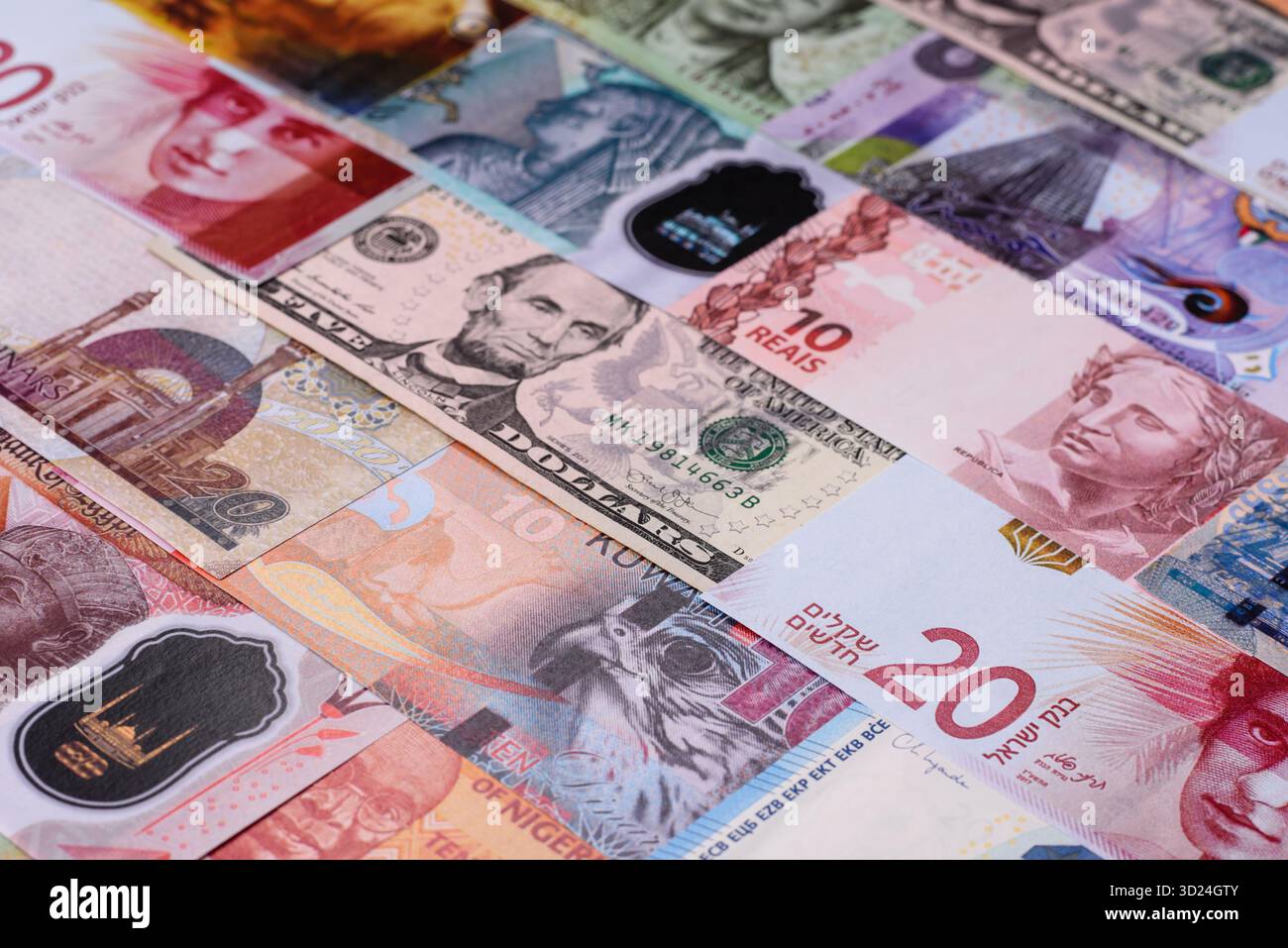 Paper money, banknotes of different countries as a business background. Paper money and cash Stock Photo
