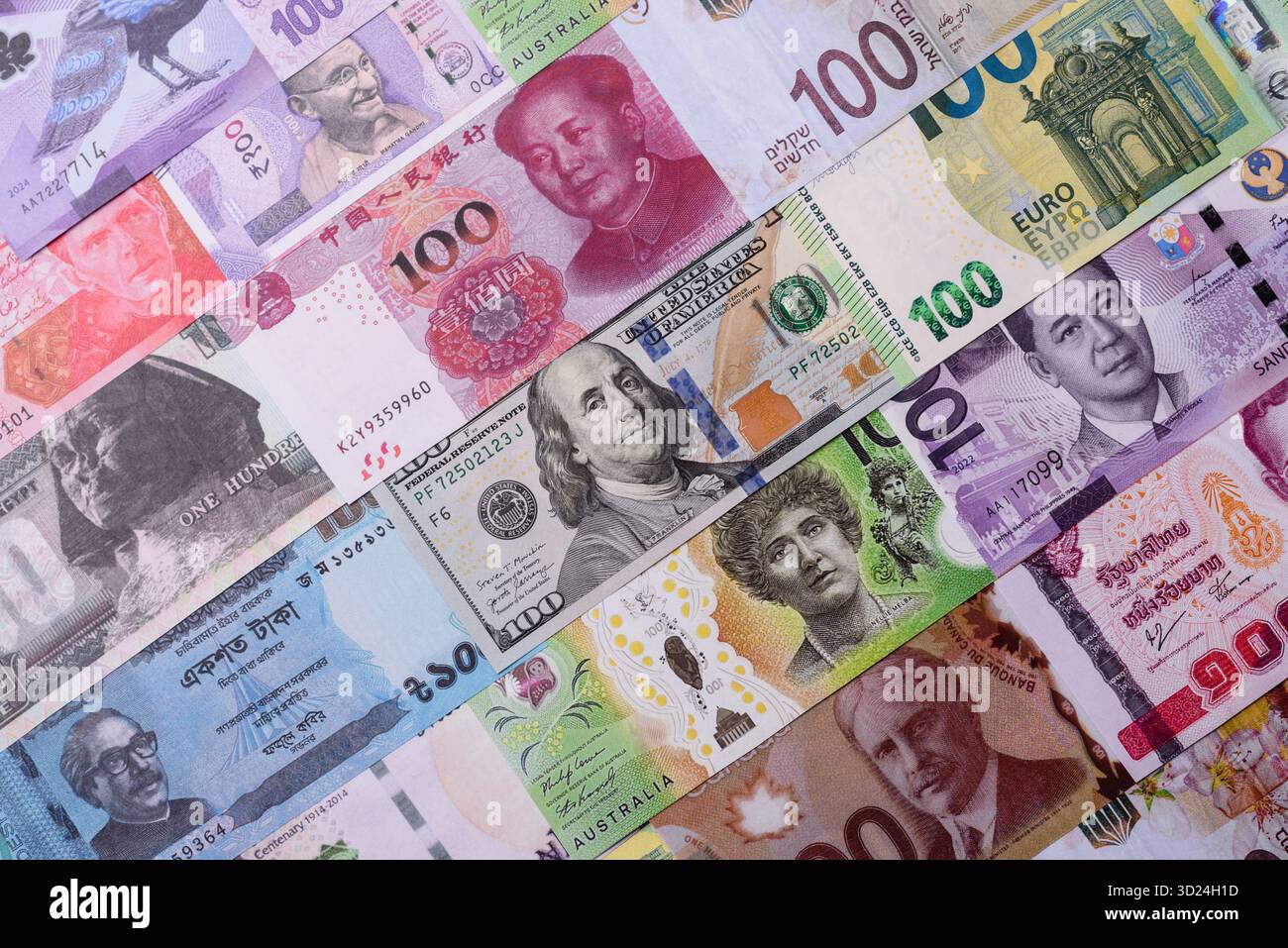 Paper money, banknotes of different countries as a business background. Paper money and cash Stock Photo