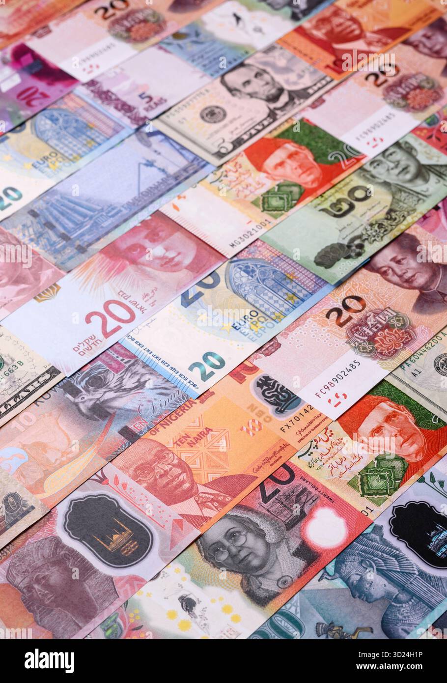 Paper money, banknotes of different countries as a business background. Paper money and cash Stock Photo