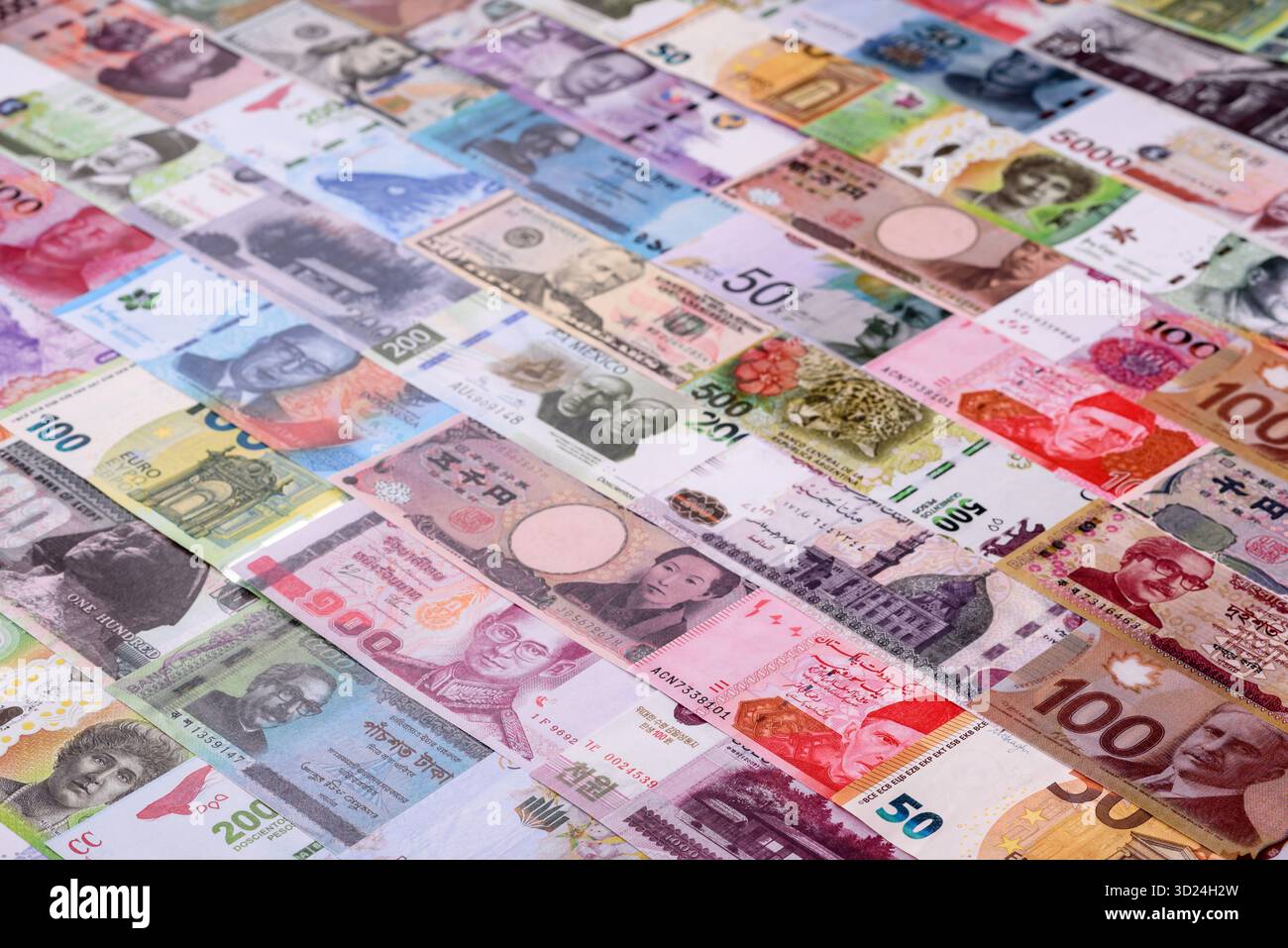 Paper money, banknotes of different countries as a business background. Paper money and cash Stock Photo