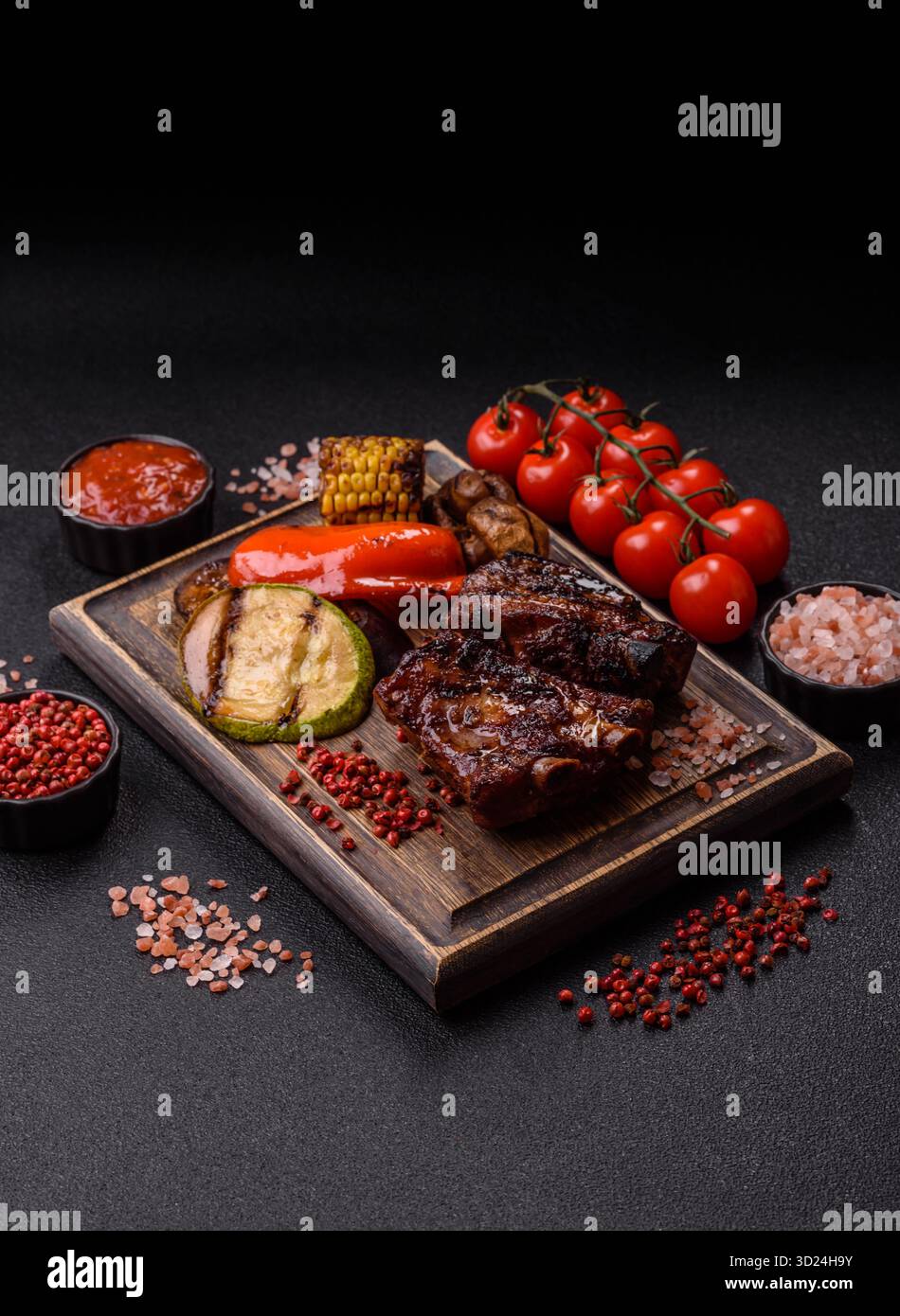 Grilled or barbecued pork ribs with sauce. Grilled ribs Stock Photo