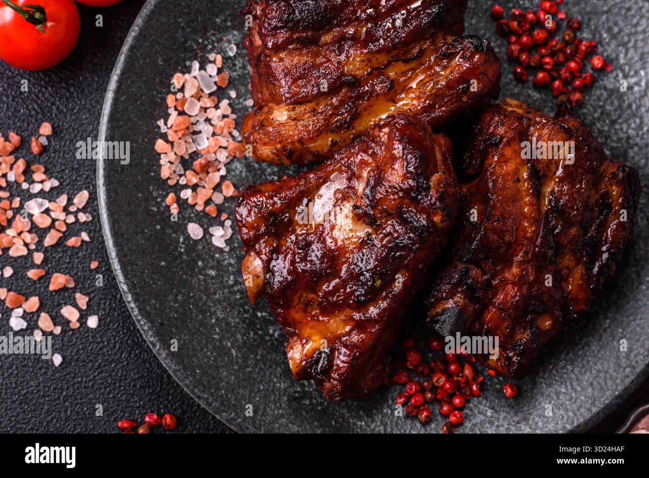 Grilled or barbecued pork ribs with sauce. Grilled ribs Stock Photo