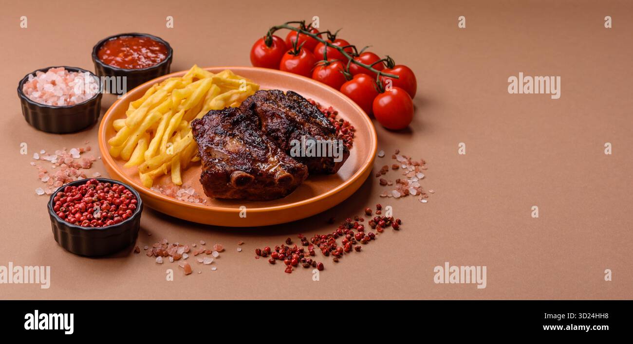 Grilled or barbecued pork ribs with sauce. Grilled ribs Stock Photo