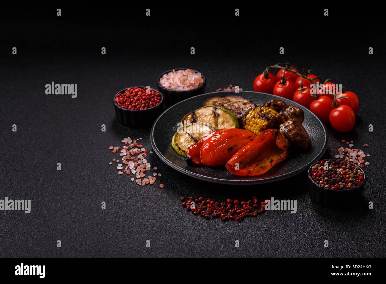 Grilled vegetables, bell peppers, mushrooms, and zucchini, a vegetarian meal. Grilled vegetables Stock Photo