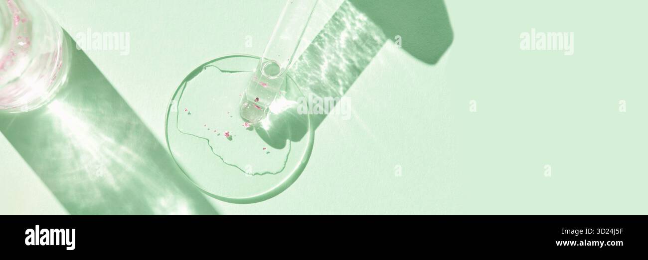 Laboratory glassware with petri dish and pipette on light green background Stock Photo