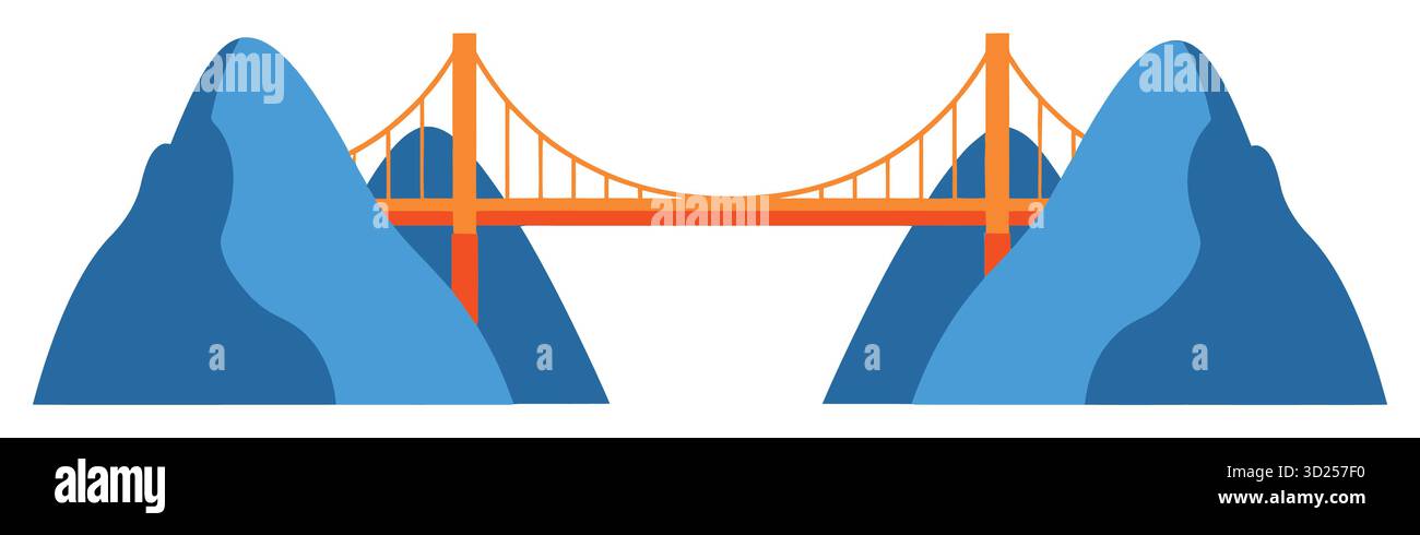 Illustration of an orange suspension bridge between two blue mountains Stock Vector
