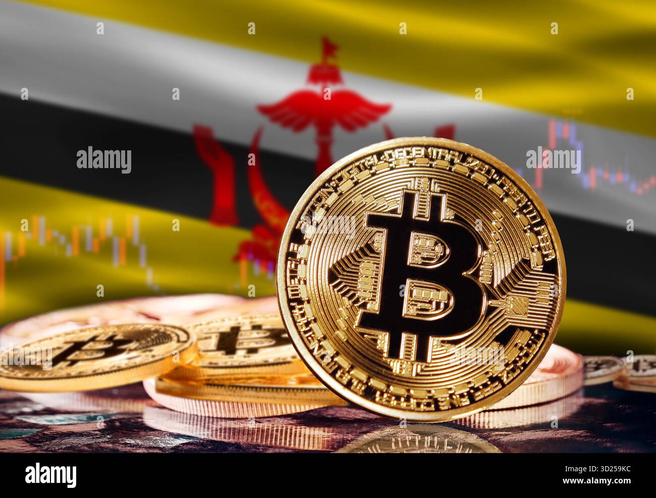 Bitcoin with Brunei flag in the background. Investors in cryptocurrency and  Blockchain Technology in Brunei, Concept Stock Photo - Alamy