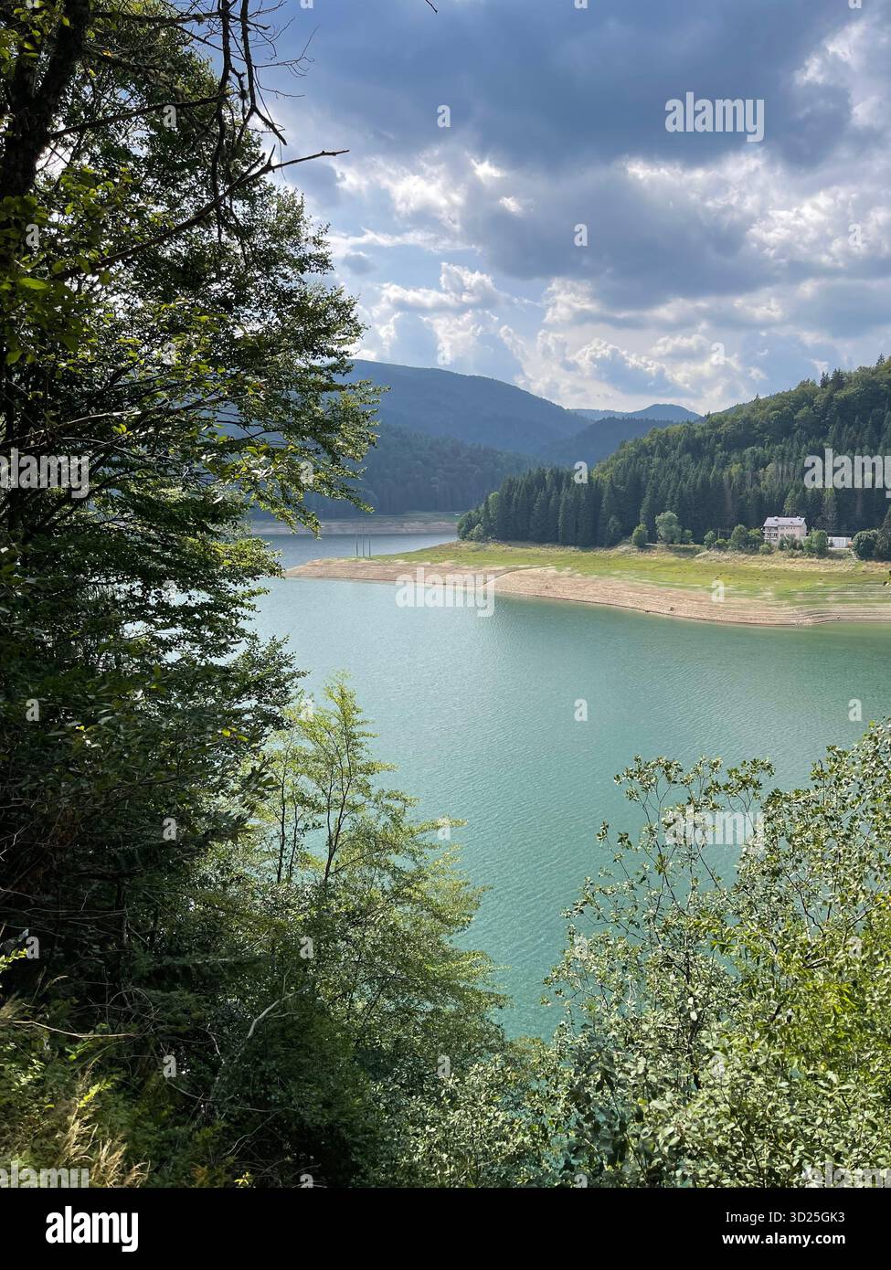 Scenic mountain lake surrounded by green forest and hills under dramatic cloudy sky.Beautiful natural landscape with calm turquoise water. - Smartphone Captured Stock Image