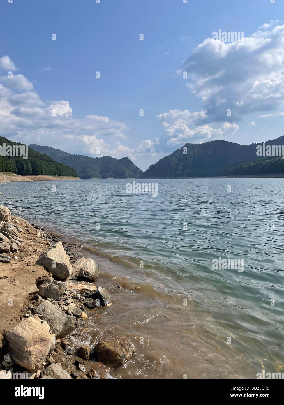 Scenic mountain lake surrounded by green forest and hills under dramatic cloudy sky.Beautiful natural landscape with calm turquoise water. - Smartphone Captured Stock Image
