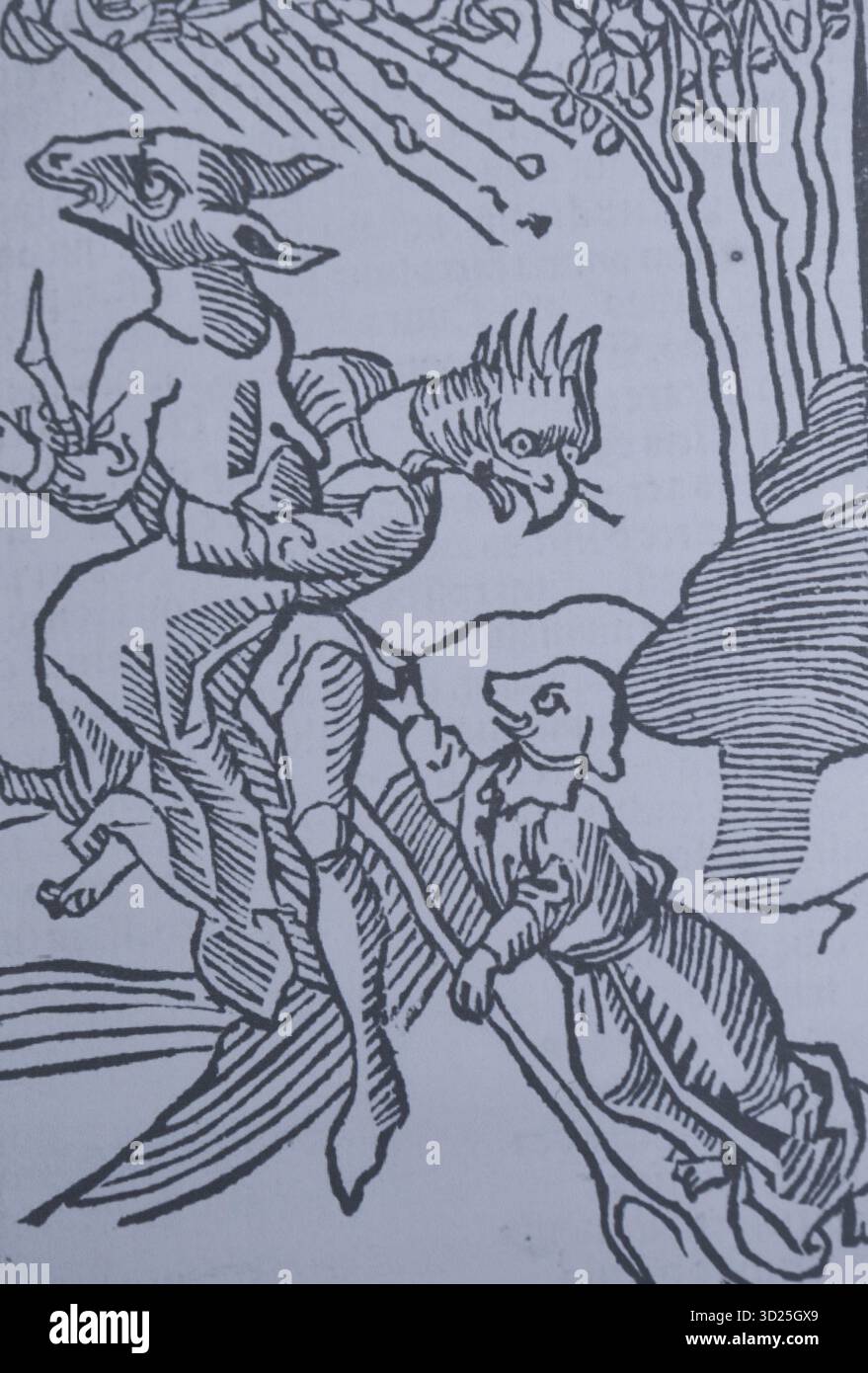 Woodcut Illustation of Molitor's Hexenflug or 'Witch Flight' from 15th ...