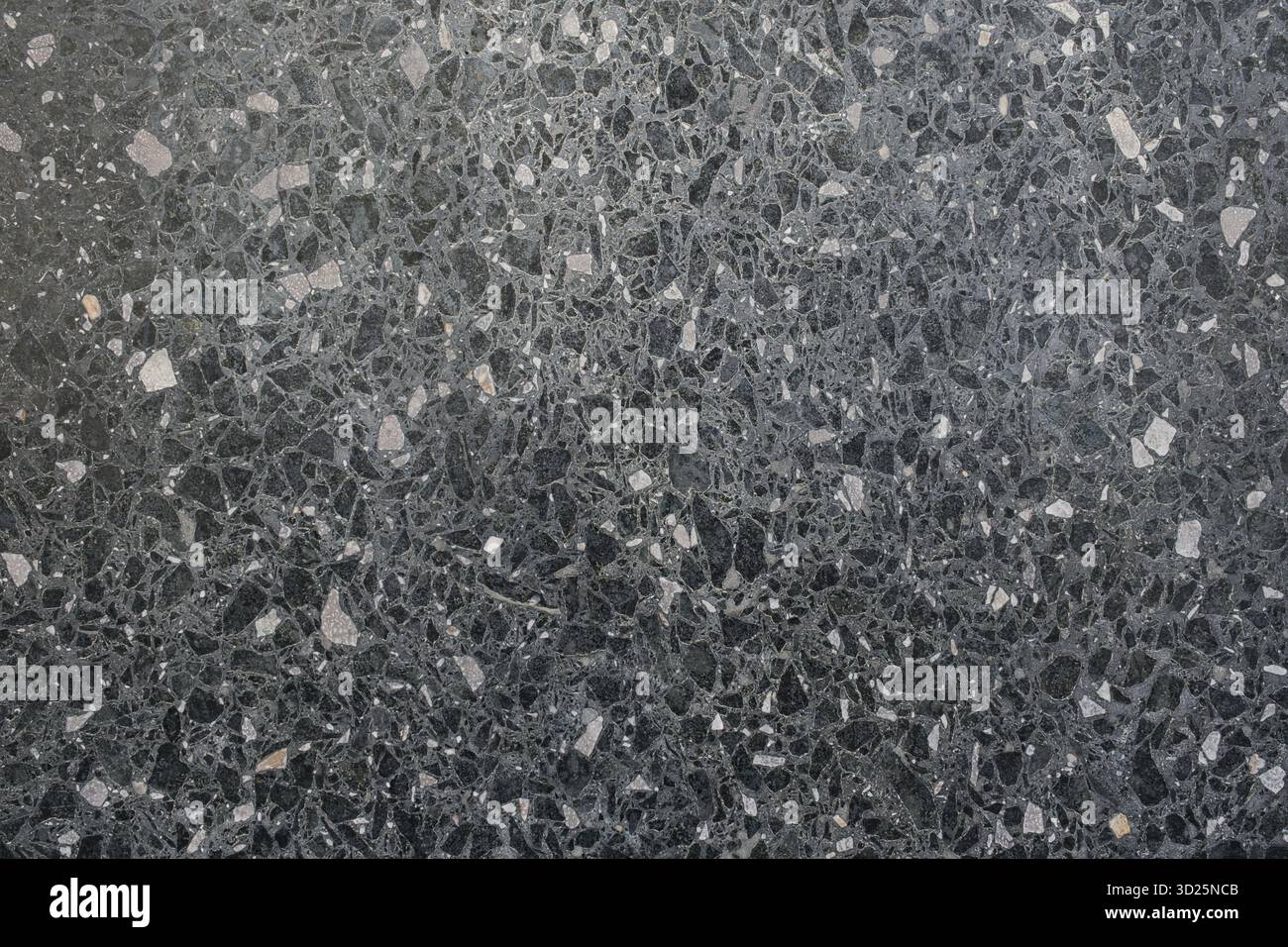 Close-up of a dark terrazzo surface with scattered light-colored chips Stock Photo