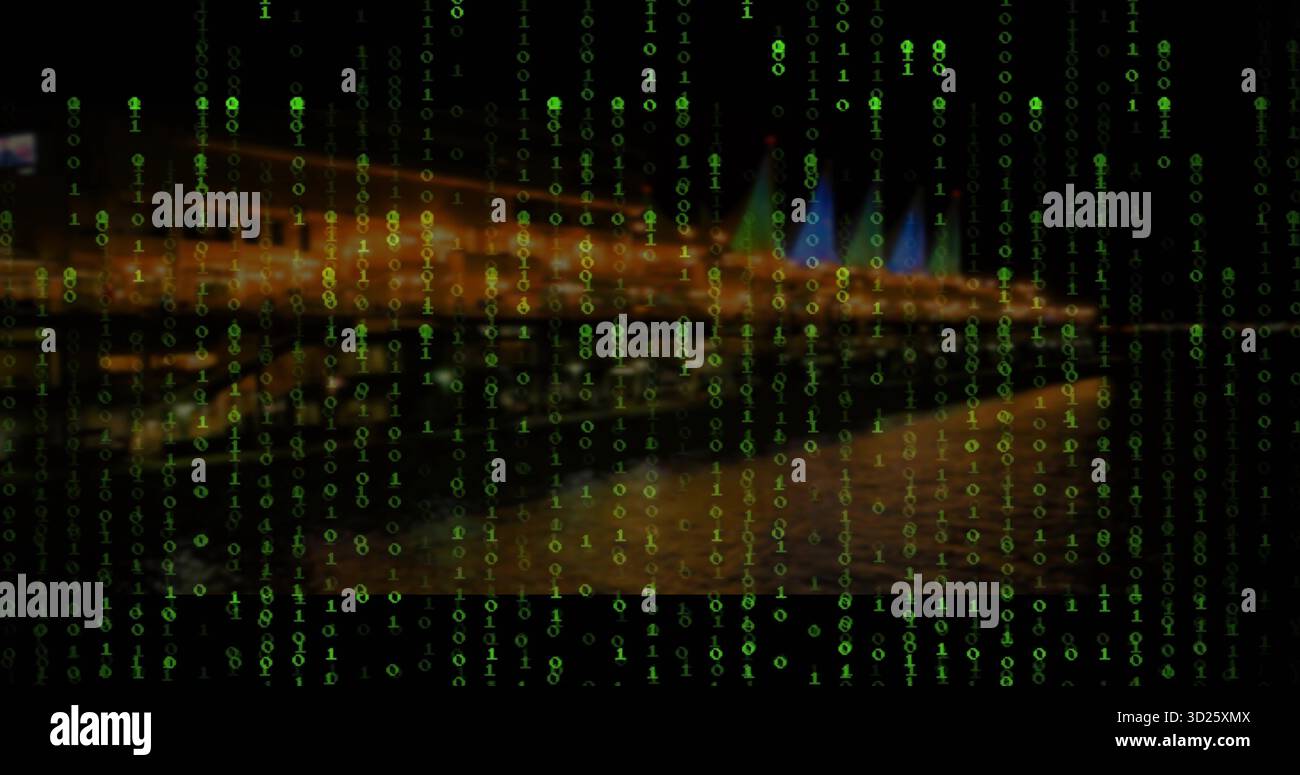 Streaming green binary code flowing across night waterfront skyline, with blurred water reflections Stock Photo