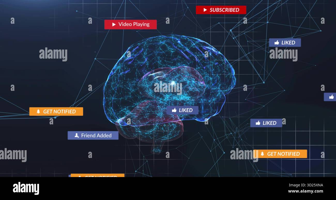 Floating blue wireframe brain glowing, linking through digital network with notification tags Stock Photo