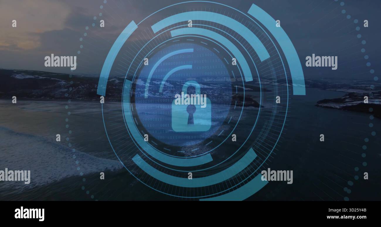 Displaying security overlay on coastal dusk view, featuring padlock icon, binary code, rings Stock Photo