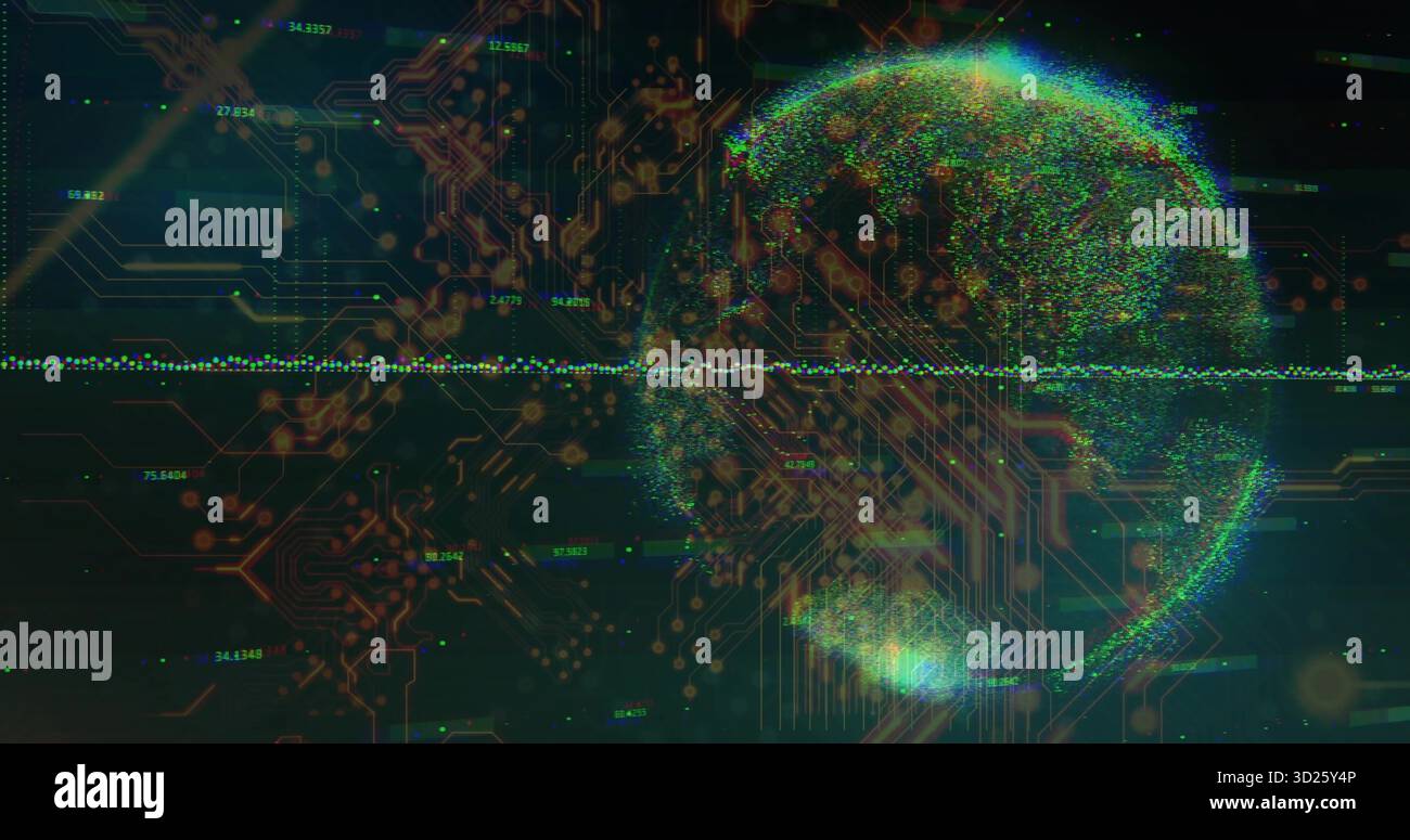 Displaying data sphere intersecting green waveform with orange traces on circuitry, copy space Stock Photo