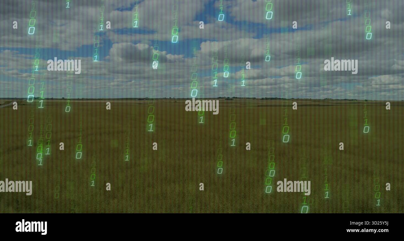 Streaming green binary digits cascading over farmland under partly cloudy sky, digital rain Stock Photo