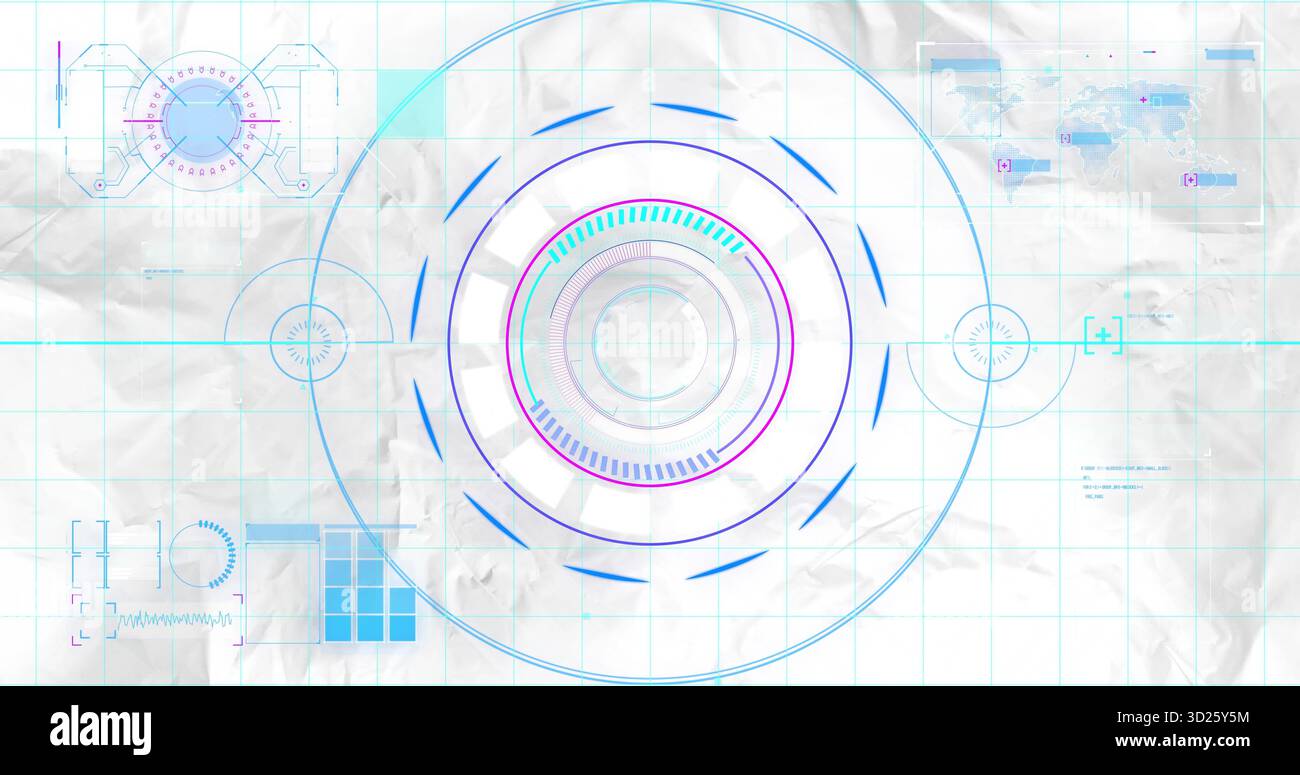 Displaying HUD on crumpled grid paper, with radial gauges, crosshair ...