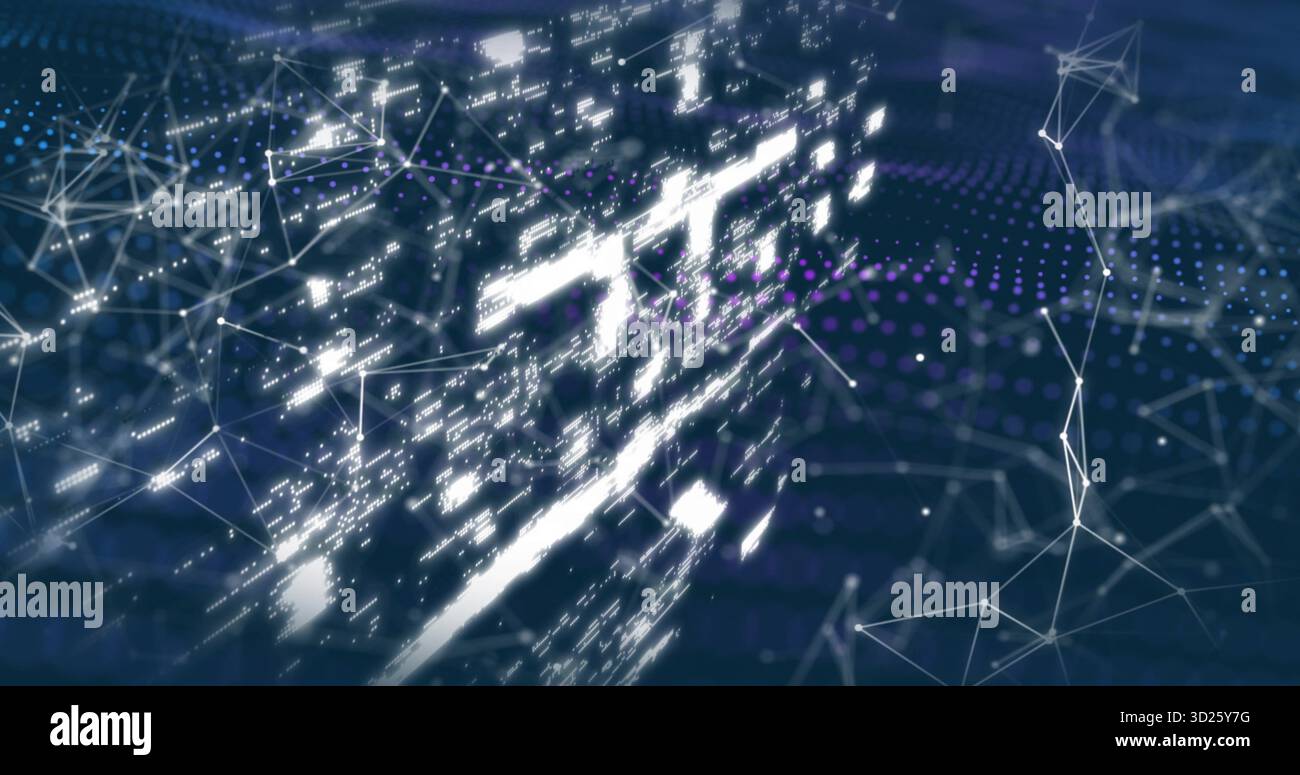 Displaying network visualization floating in virtual environment, with glowing nodes and thin lines Stock Photo