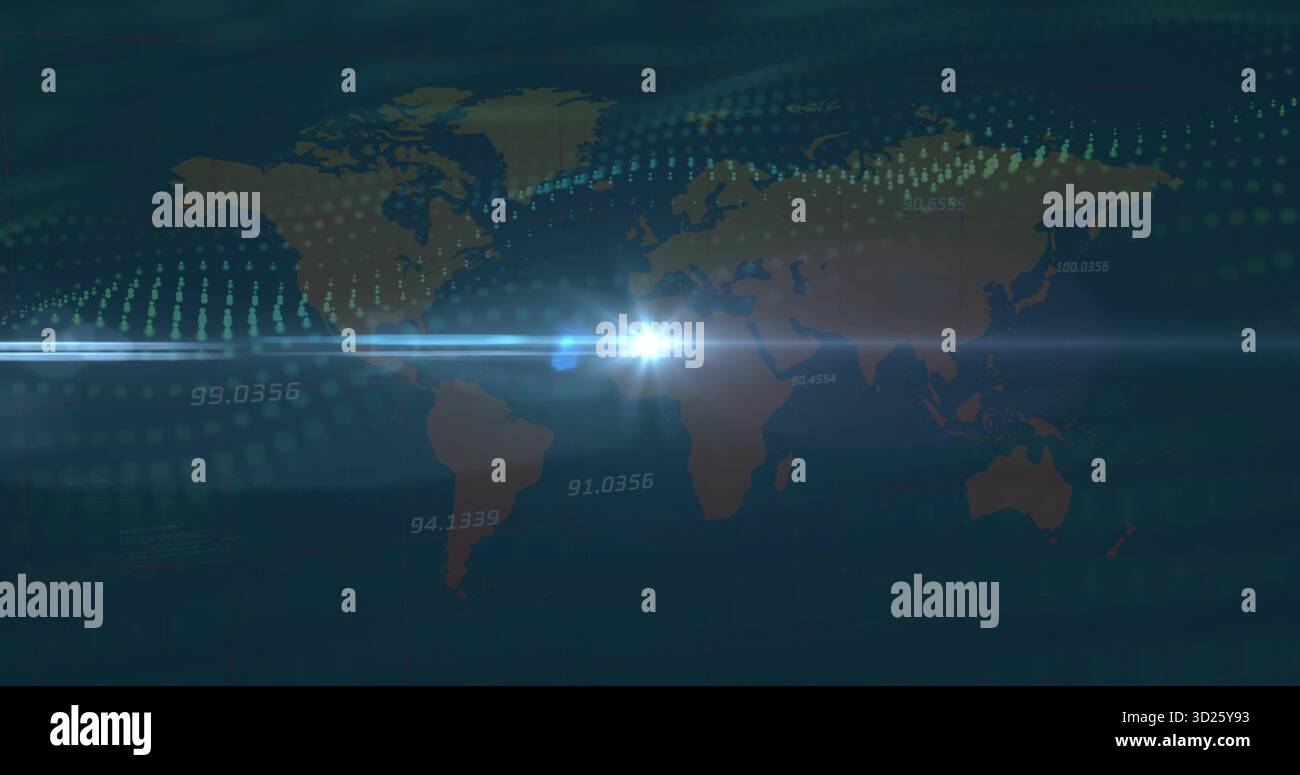 Displaying holographic world map on dashboard with data dots, numeric labels and lens flare Stock Photo