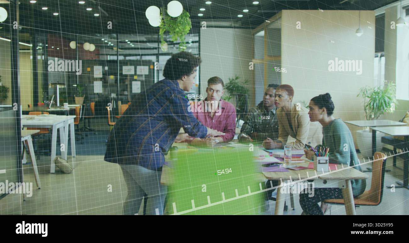 Presenting presenter leaning on green chair addressing four colleagues at office table, copy space Stock Photo