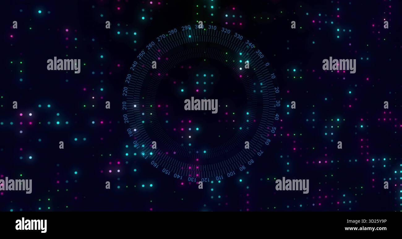 Displaying central gauge with numeric scale on future interface, with neon data point clusters Stock Photo