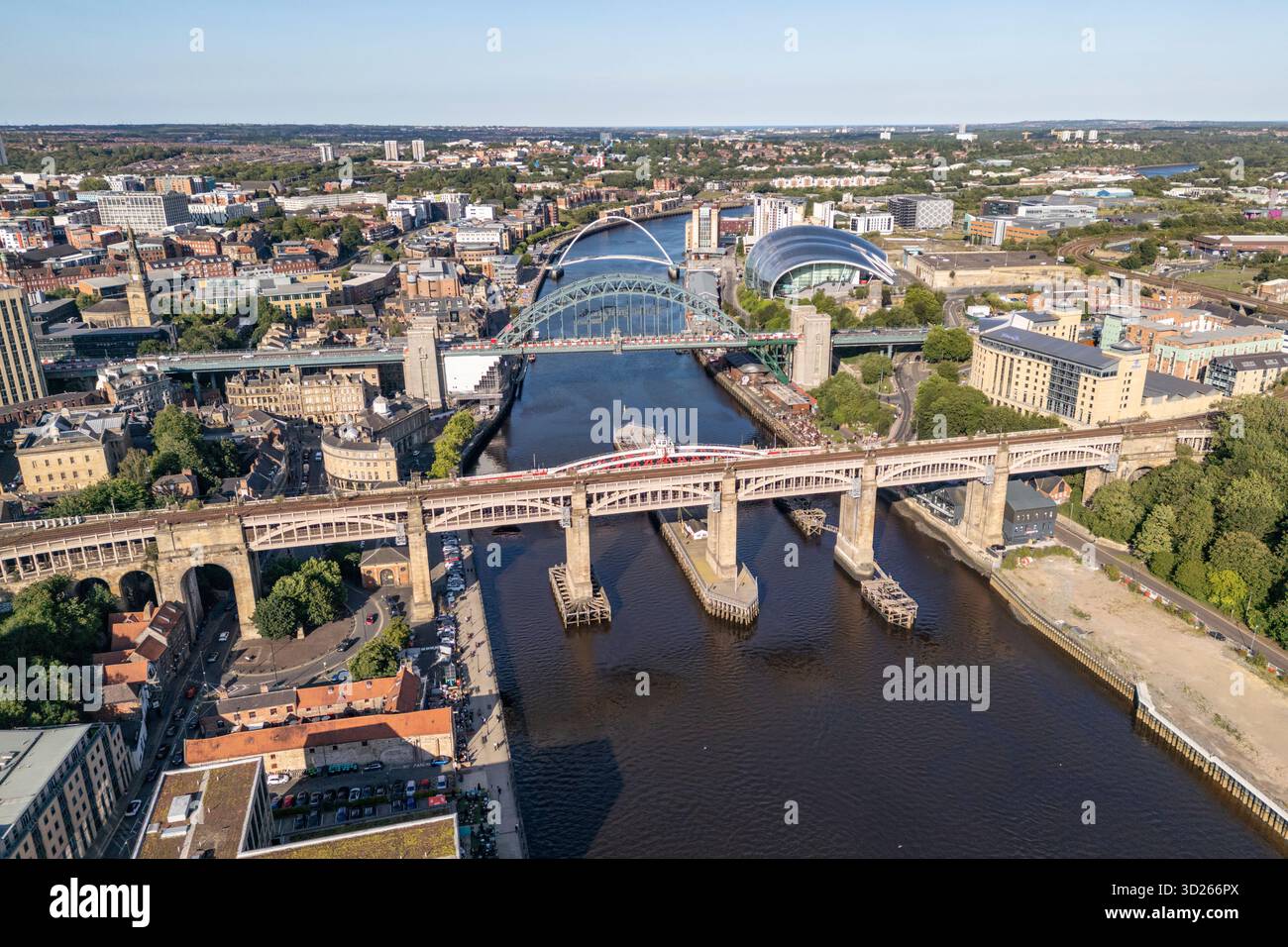 Aerial view of the bridges (High Level Bridge, Newcastle Swing Bridge, Tyne Bridge and Gateshead Millennium Bridge), River Tyne, Newcastle, UK. Stock Photo
