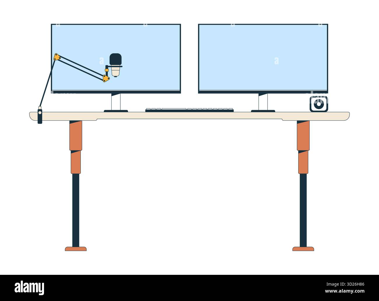 Professional dual-monitors desk setup with microphone arm 2D cartoon object Stock Vector