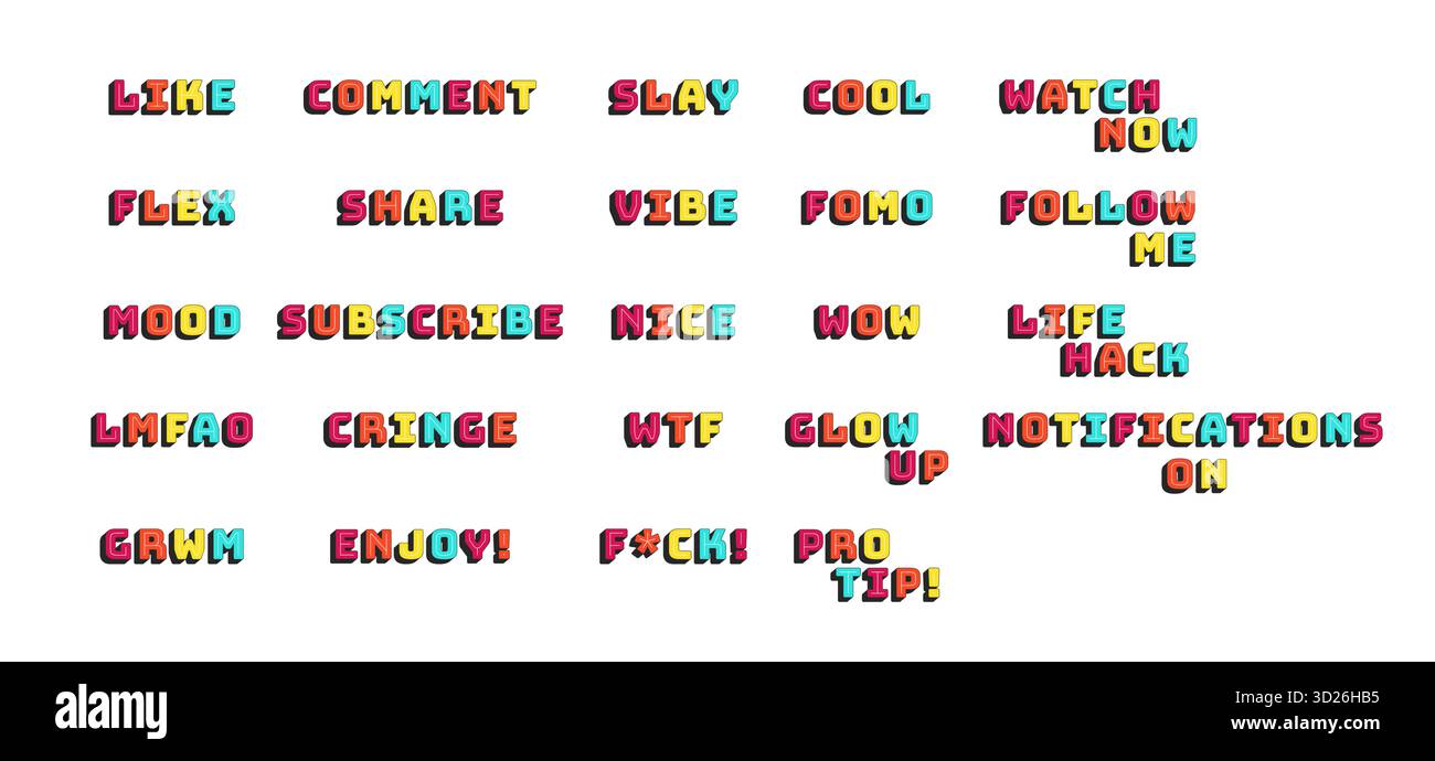 Multicolor bold popular internet slang words set Stock Vector