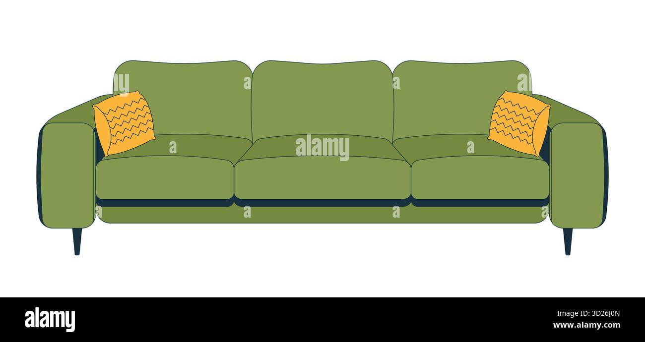 Olive green sofa with cushions 2D cartoon object Stock Vector