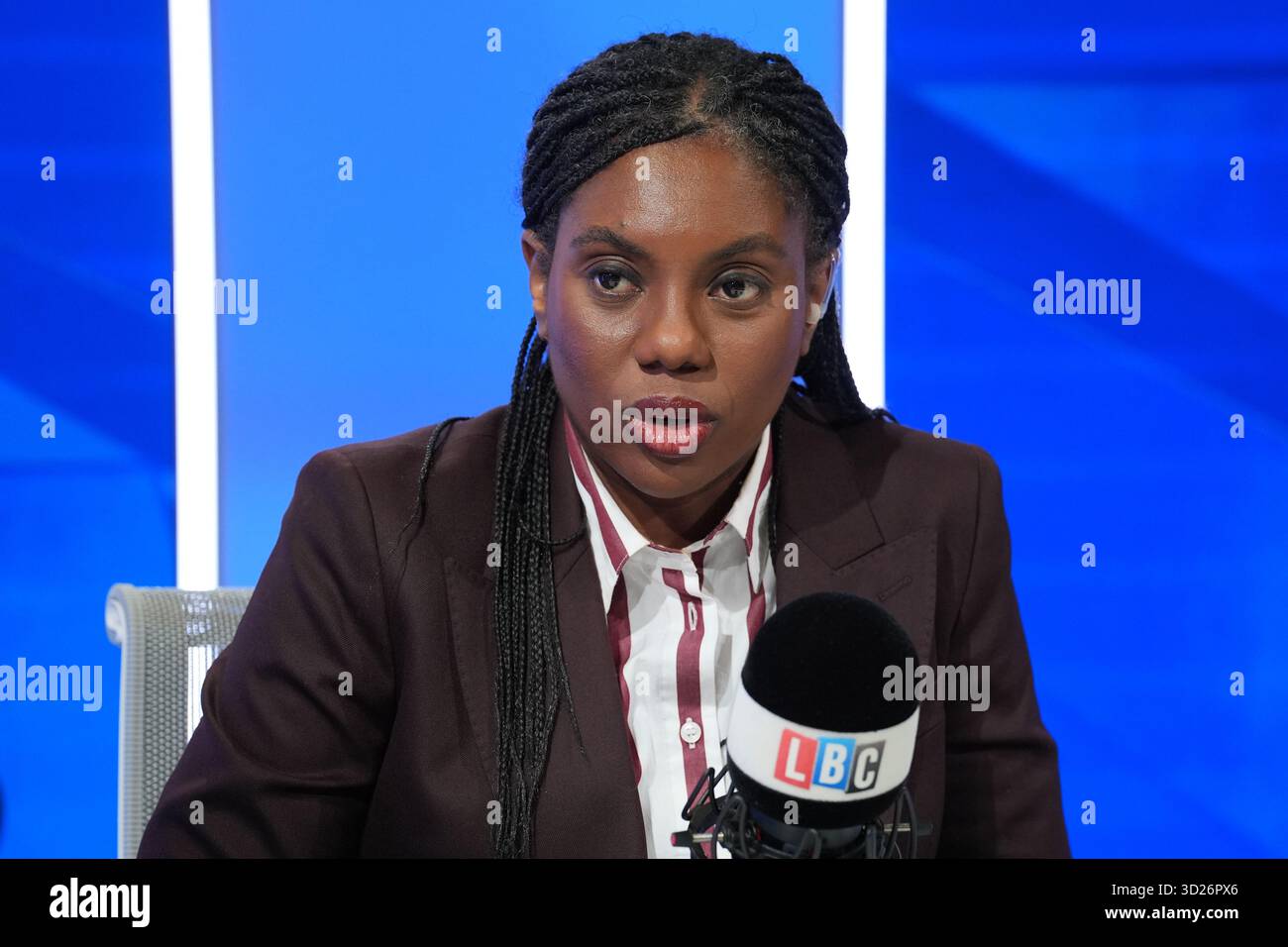 Conservative Party leader Kemi Badenoch during a phone-in on LBC, at ...