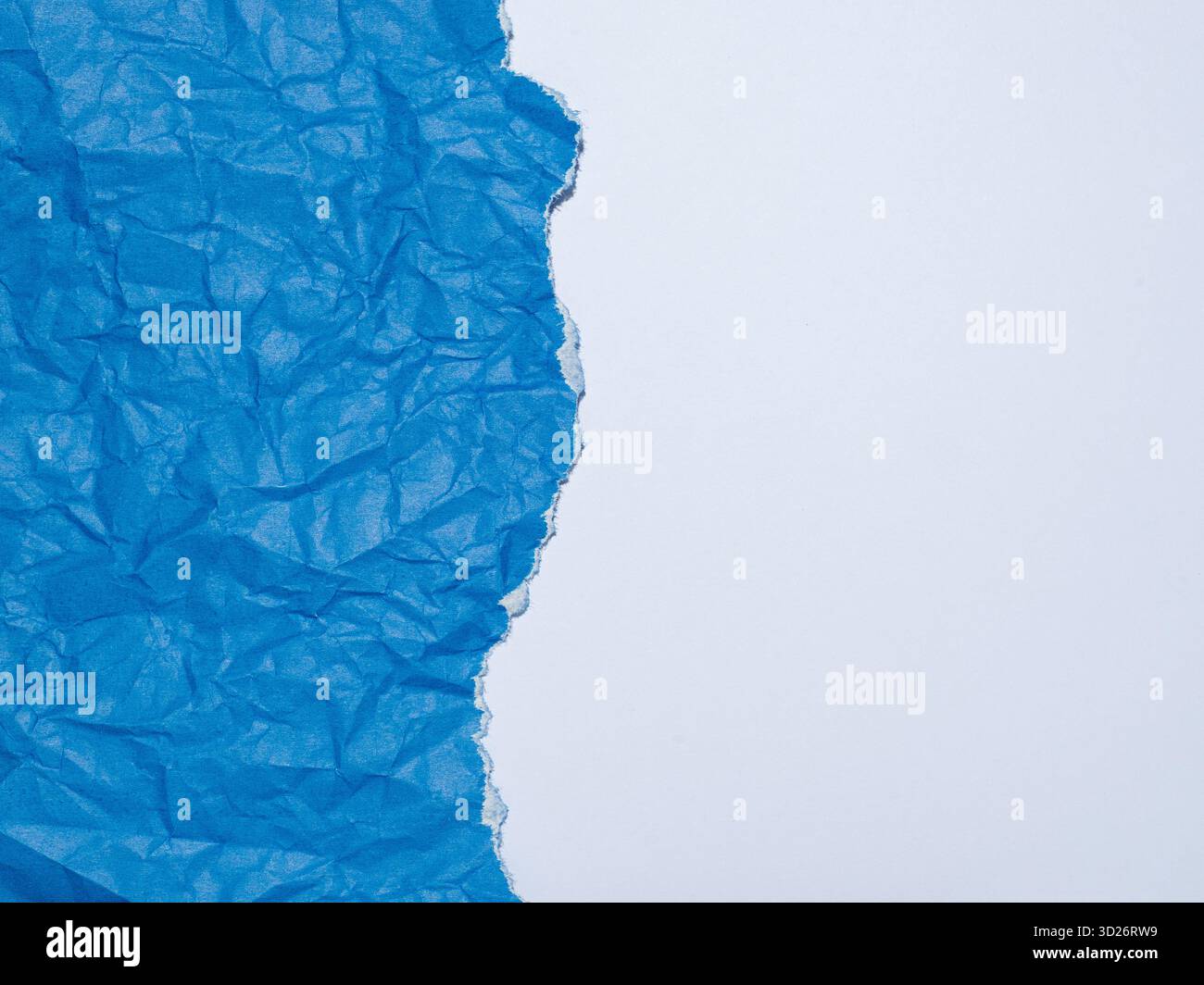 Crumpled and torn blue paper on a white background. Stock Photo