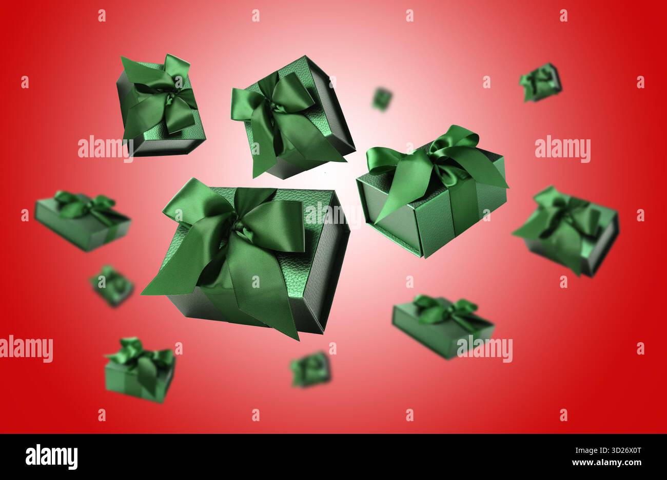 Gift boxes flying in air on red gradient background Stock Photo