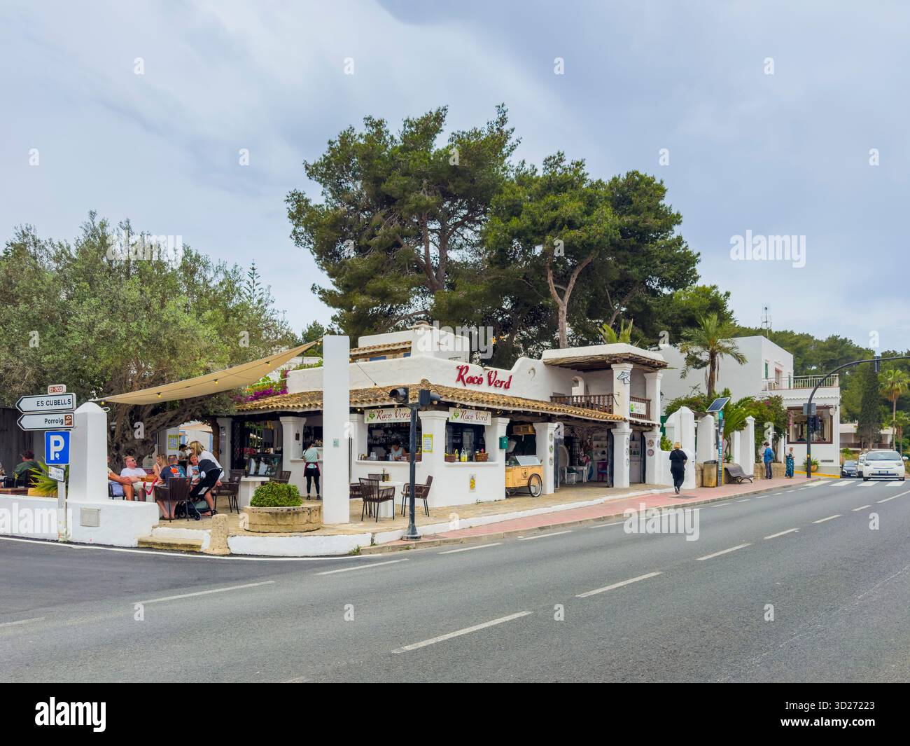 Carrer de Pere Escanellas lined with shops, restaurants and bars in the centre of Sant Josep de sa Talaia, Ibiza, Spain: Phillip Roberts - Smartphone Captured Stock Image
