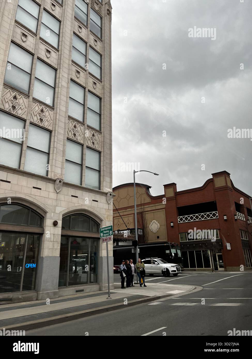 Spokane old town architecture and pedestrian crossing on a grey cloudy street - Smartphone Captured Stock Image