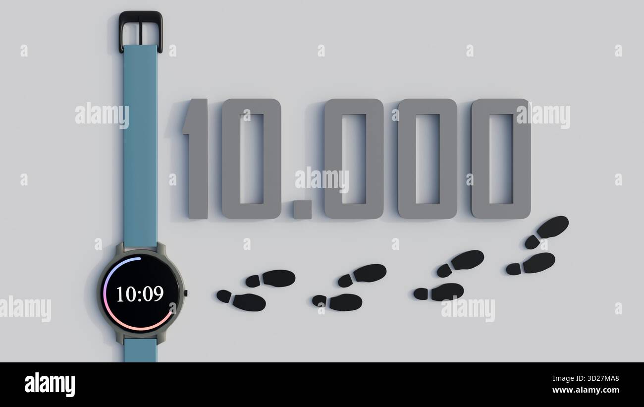 a 3D illustration of a smartwatch and footprints showing 10,000 steps ...