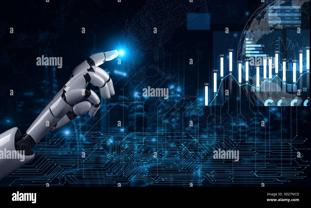 A futuristic robotic hand interacts with a high-tech data analytics ...