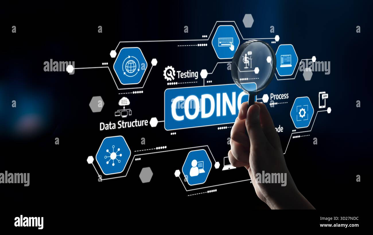 This image depicts a hand holding a magnifying glass focused on a digital coding process. It highlights data structures and testing icons, reflecting Stock Photo