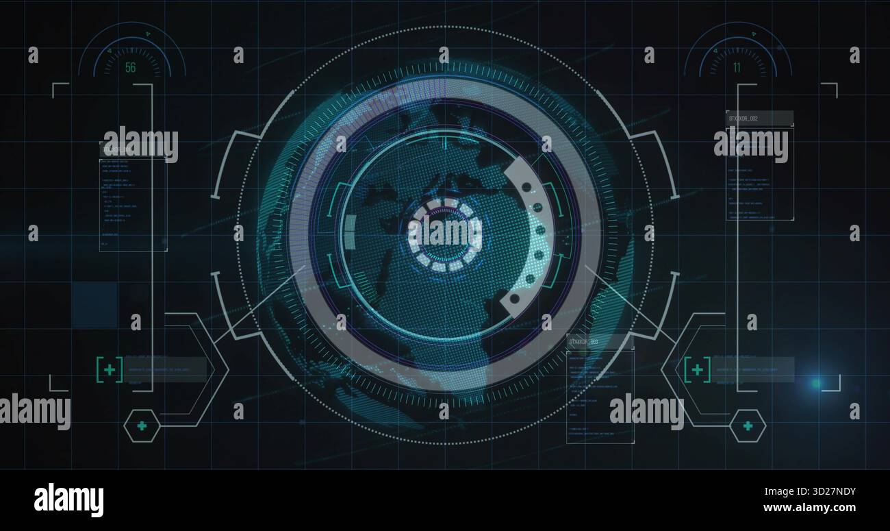 Displaying circular HUD in virtual control panel, highlighting concentric rings, world map mesh Stock Photo