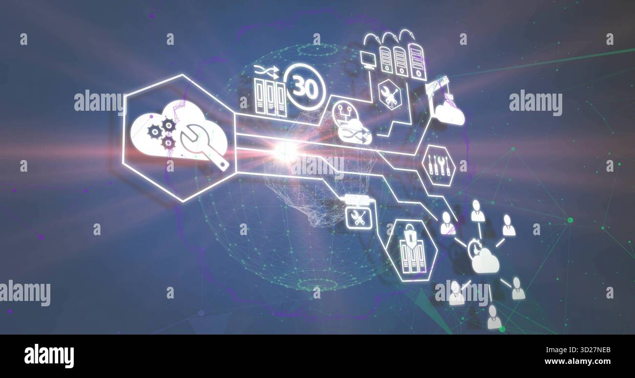 Displaying digital network globe at virtual space, linking cloud server rack tool and user icons Stock Photo
