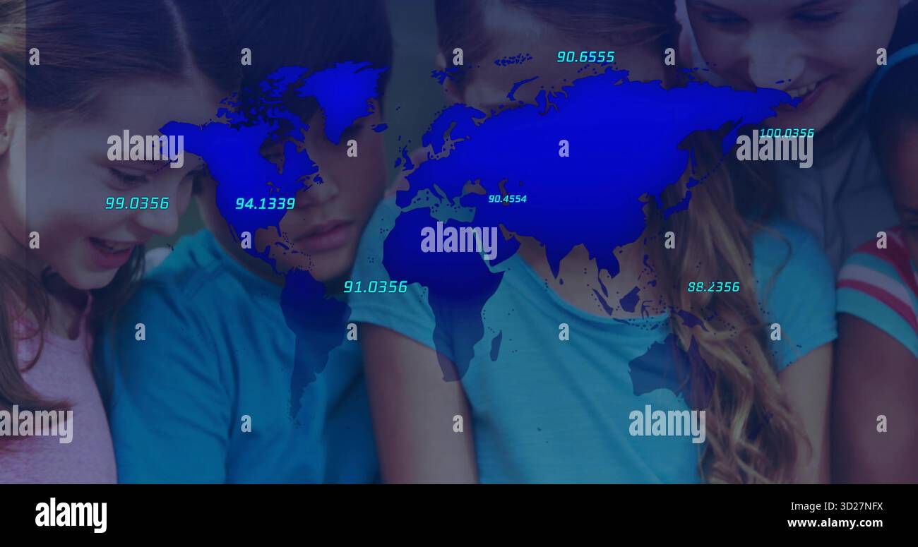 Leaning students and mentor studying interactive display in tech classroom, with numeric map labels Stock Photo