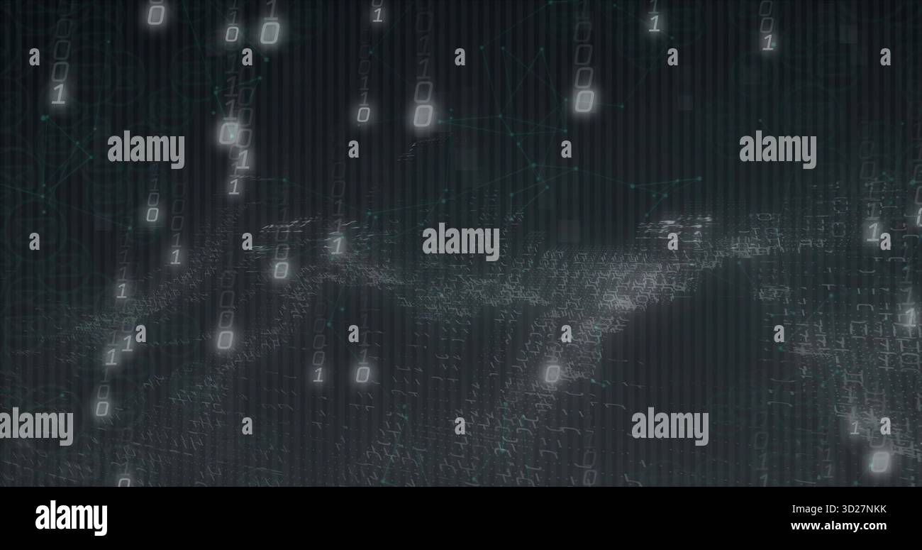Streaming glowing binary digits cascading on 3D grid surface in network, faint node connections Stock Photo