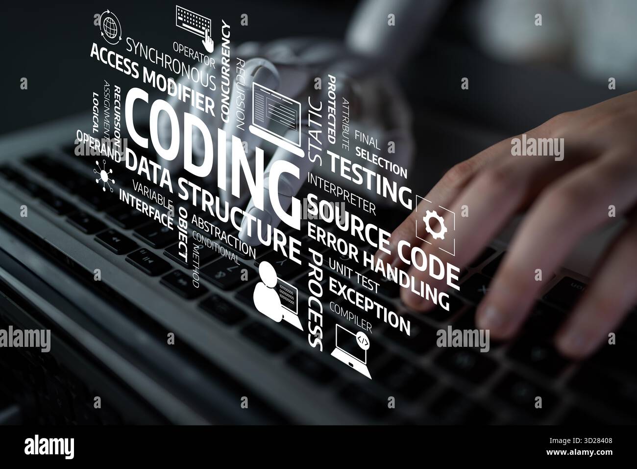 A creative representation of coding and programming with a hand typing on a keyboard surrounded by essential technical terms. Ideal for technology and Stock Photo