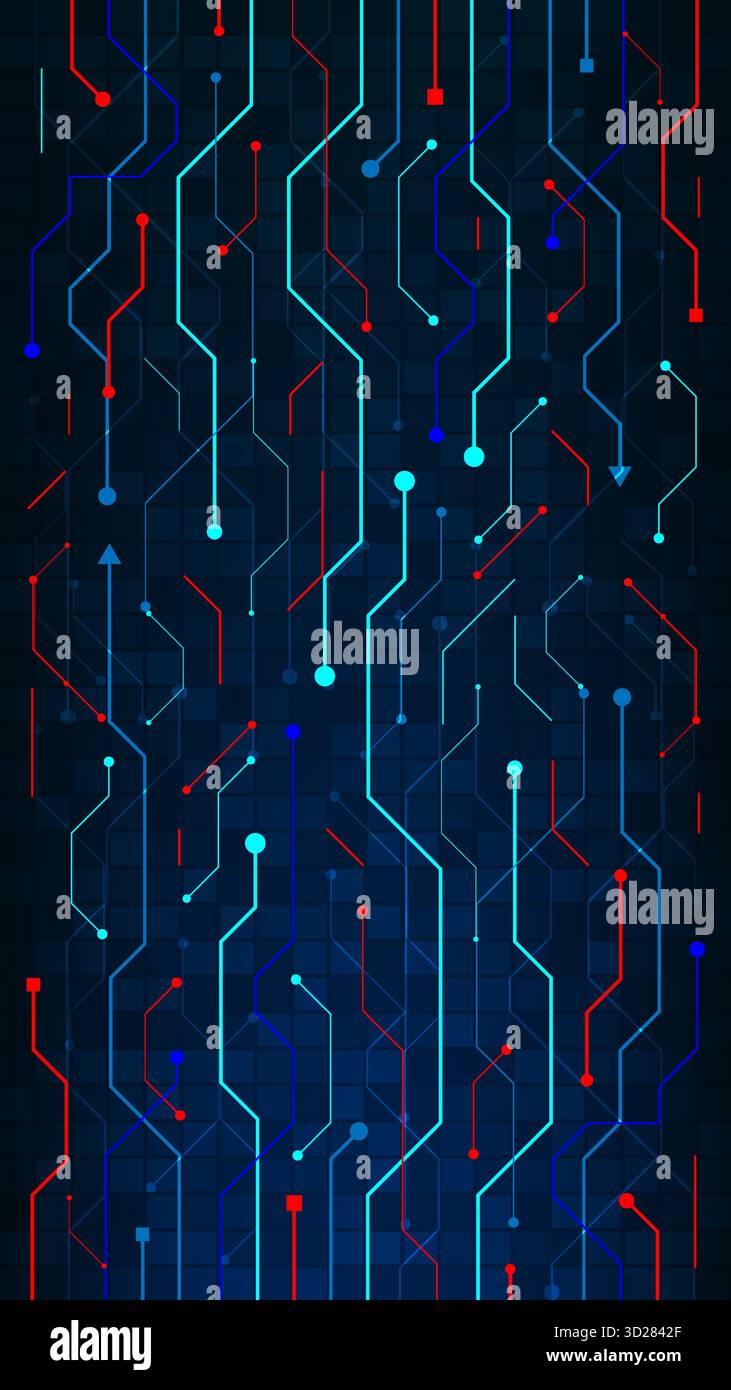 Complex Abstract Digital Technology Background: Glowing Blue and Red Circuit Board Network for Data Flow and Future Computing Concepts, Virtual Cyber Stock Vector